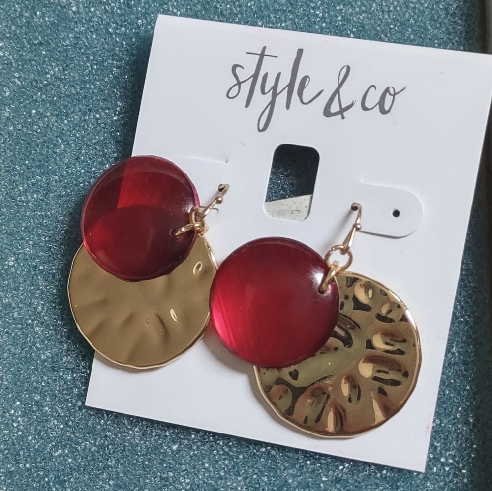 Red & Gold Pierced Dangle Earrings Style & Co New on Card